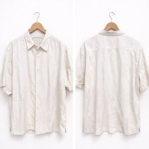 Tommy Bahama Mens XL Cream White 100% Silk Short Sleeve Herringbone Camp Shirt